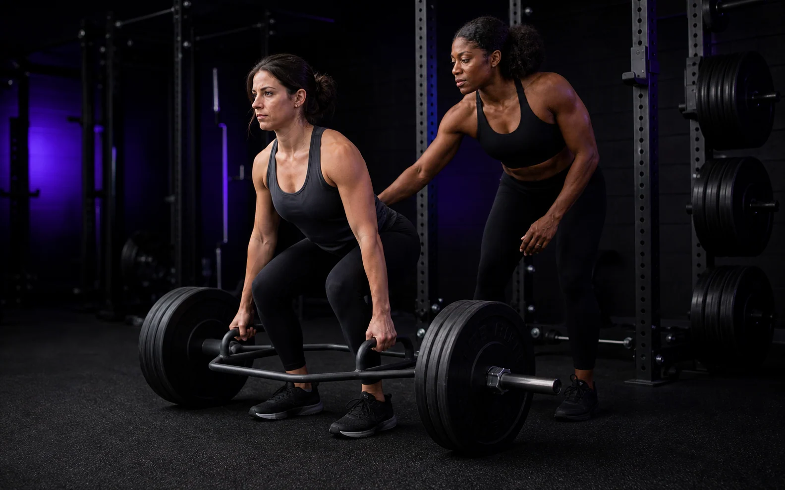 Yvonne coaching a client through a trap-bar deadlift